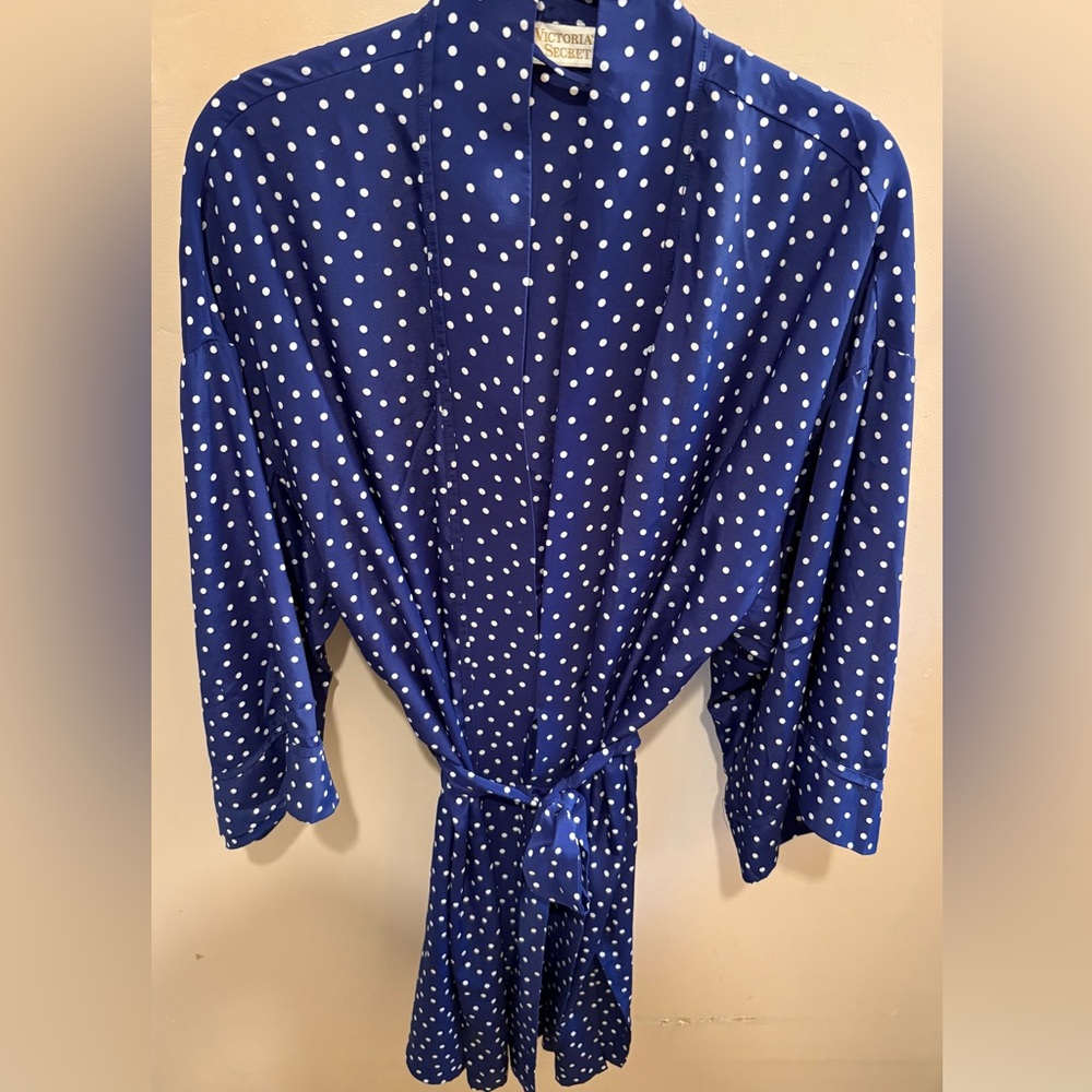 Vintage Victoria's Secret Blue Polka Dot Satin Kimono Robe One Size Fits Most
